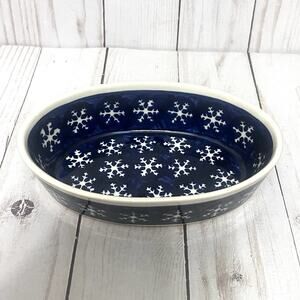 Boleslawiec Polish Pottery 6" x 4" Oval Ramekin Bakers Dish Blue Snowflakes